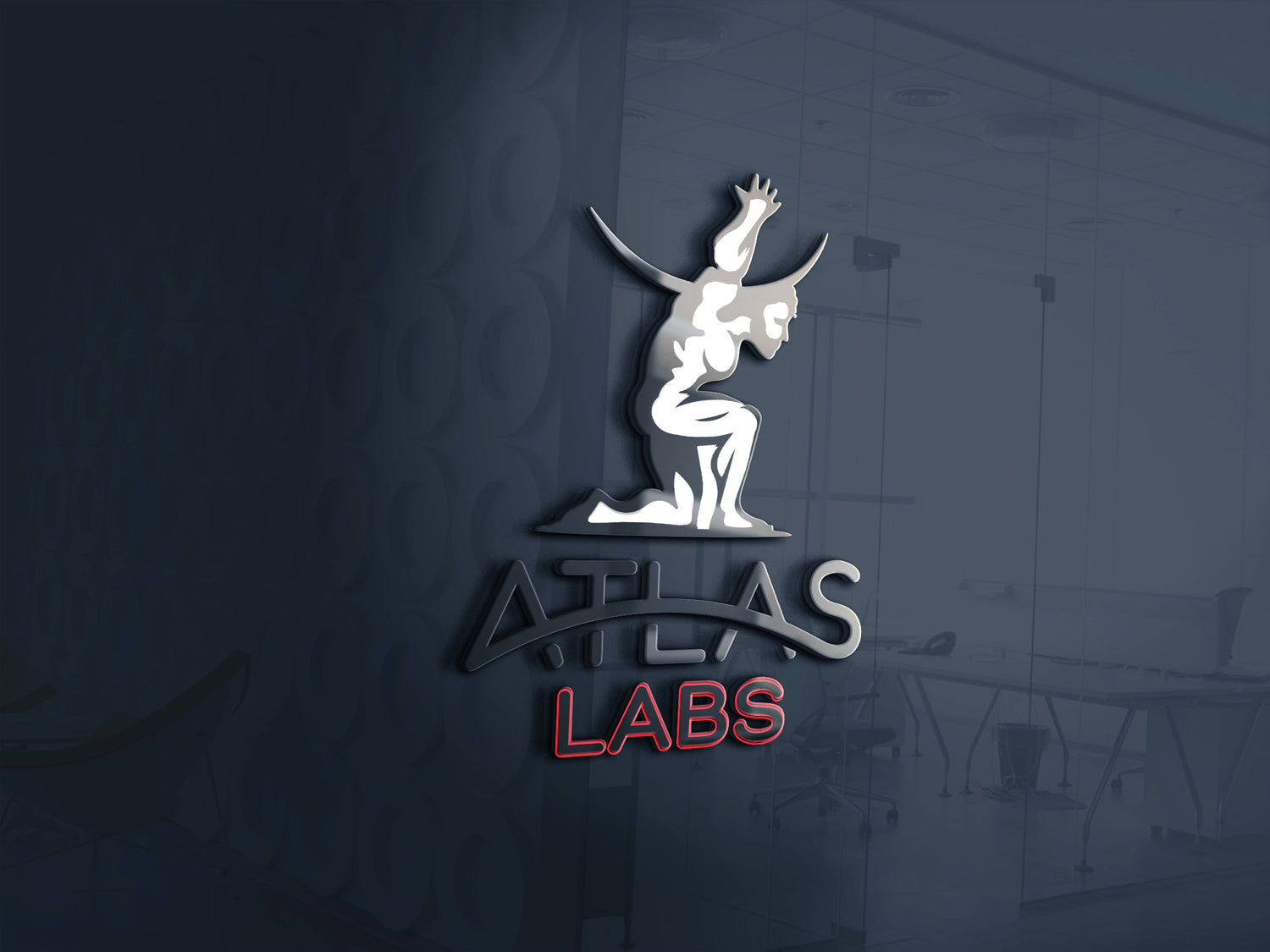 3d logo of Atlas Labs. A man holding the world up